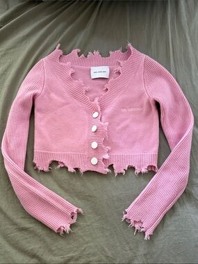 Ann Andelman Pink Distressed Crop Cardigan Sweater